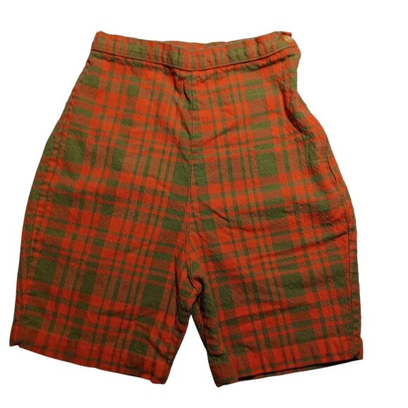 Girls 12 20W Shorts Vtg 60's Plaid High-Waist Orange Green Cotton Side Zipper - Picture 1 of 9